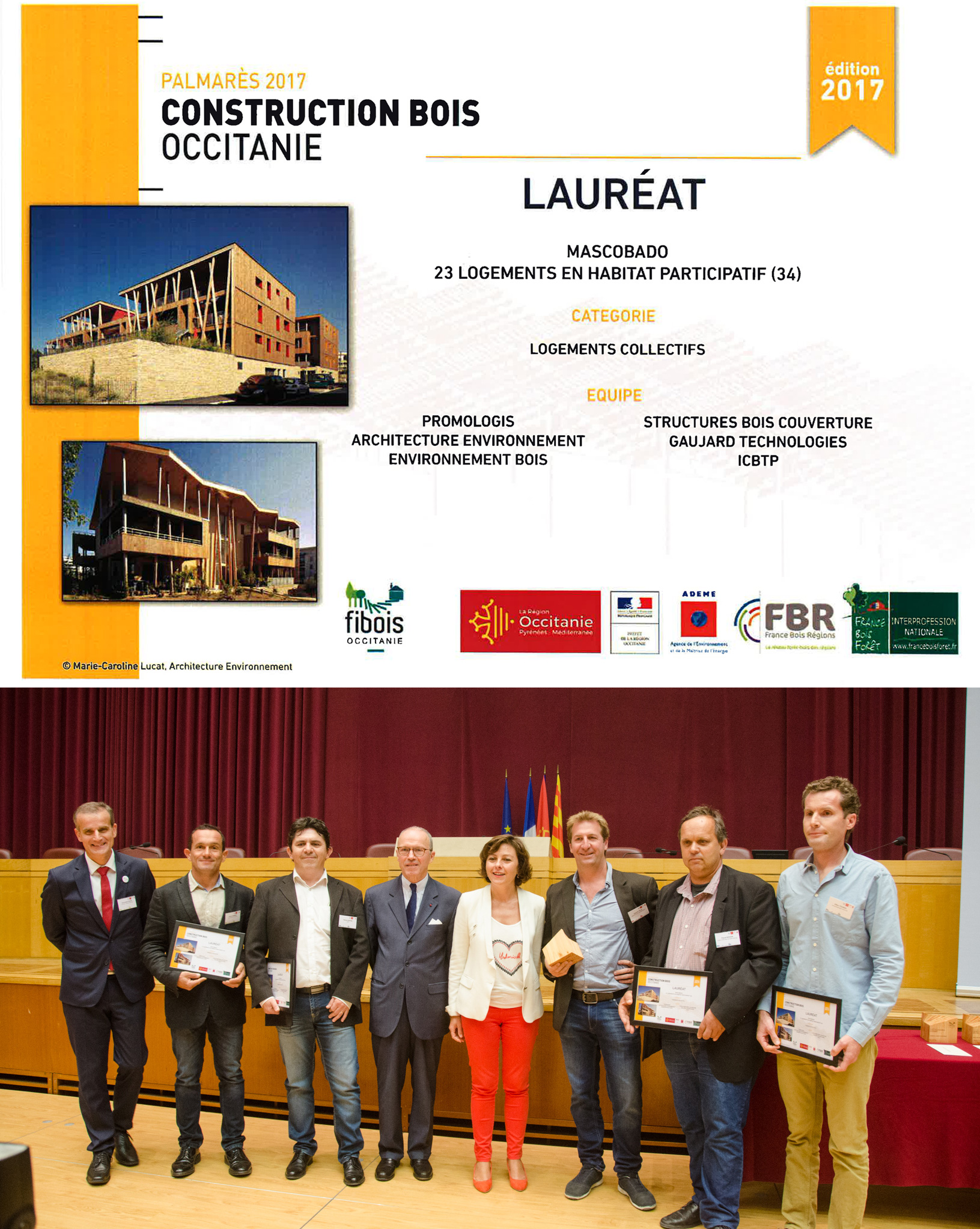 Lauréat du Palmarès Construction Bois Occitanie 2017 pour la réalisation de Mascobado, 23 logements en habitat participatif à Montpellier.