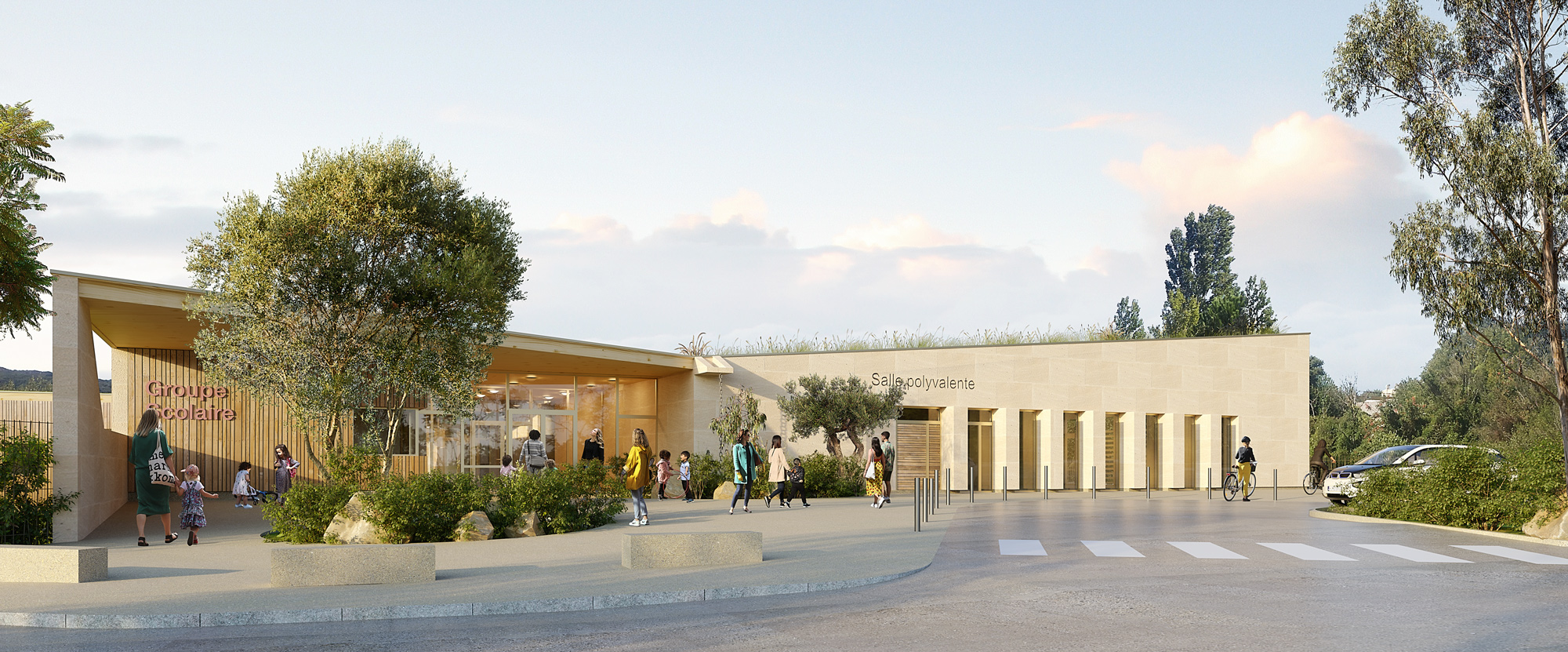 Perspective sur l'entrée du nouveau groupe scolaire, atelier pour les services municipaux et salle