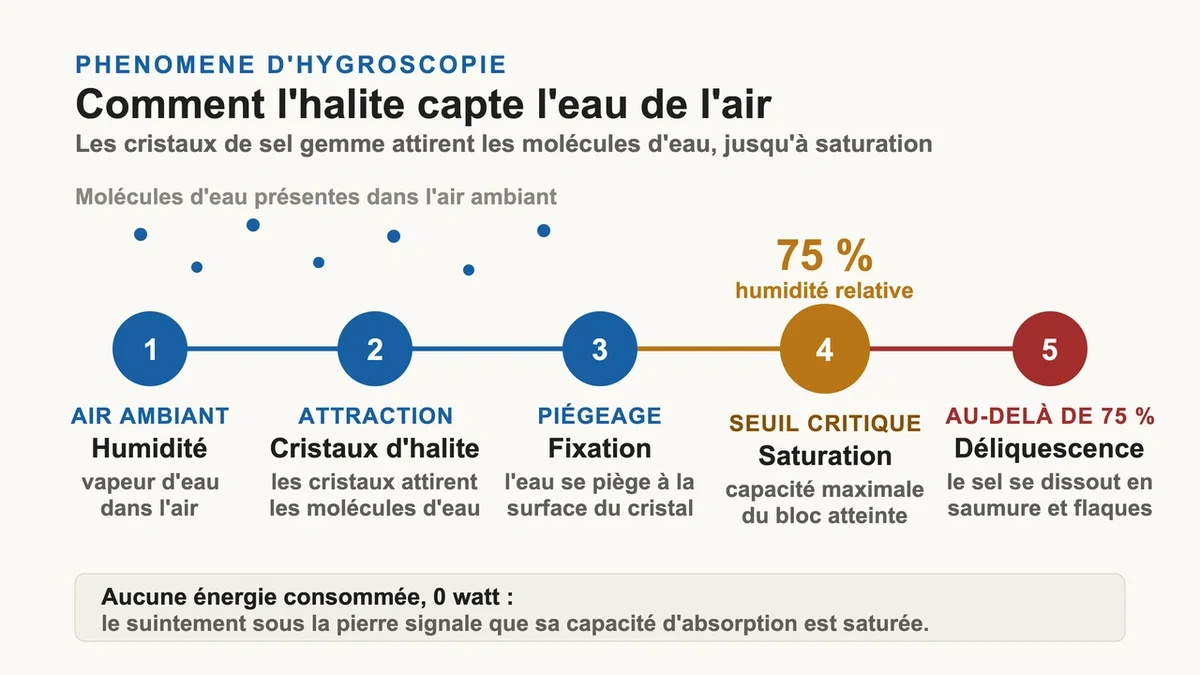 Diagramme illustrant l'hygroscopie des cristaux de halite attirant des molécules d'eau de l'air