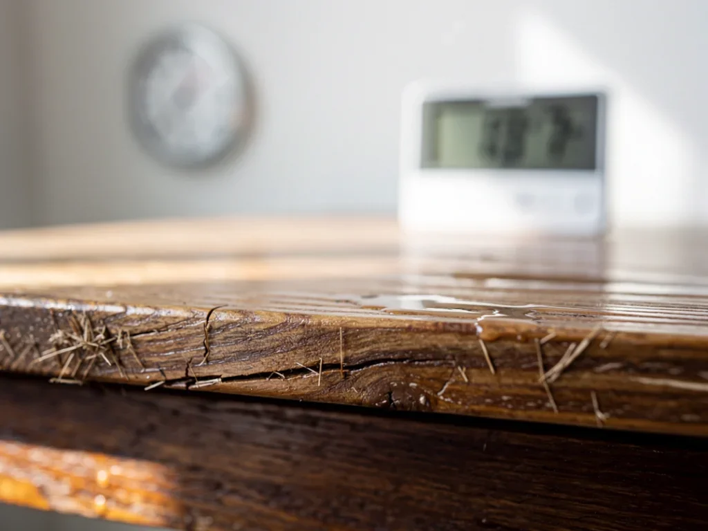 Bureau en bois montrant gonflement et fissures dues à l'humidité dans une pièce lumineuse