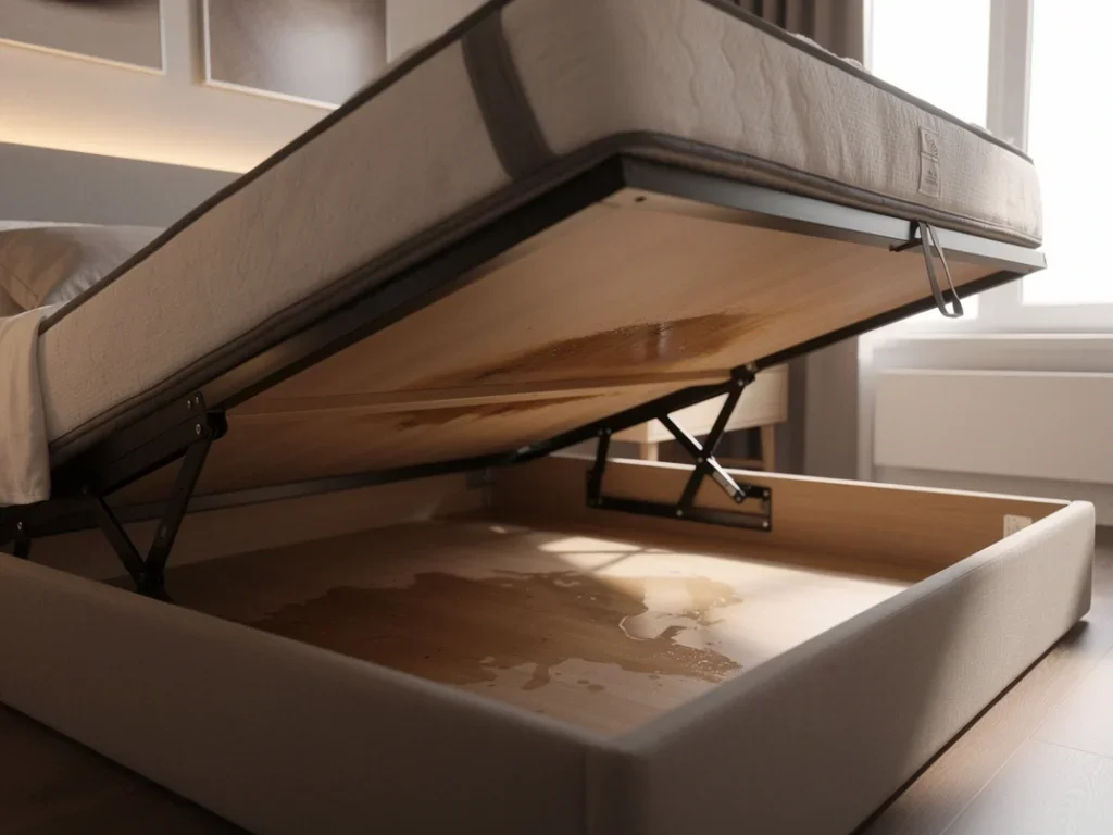 Chambre lumineuse avec un lit à mécanisme de levage et son compartiment de rangement visible