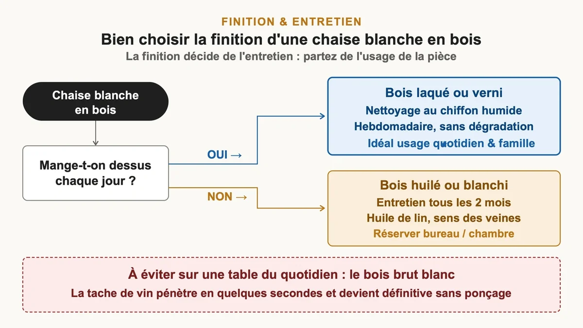 Différents échantillons de finitions pour chaises en bois, montrant l'impact sur l'entretien et l'esthétique