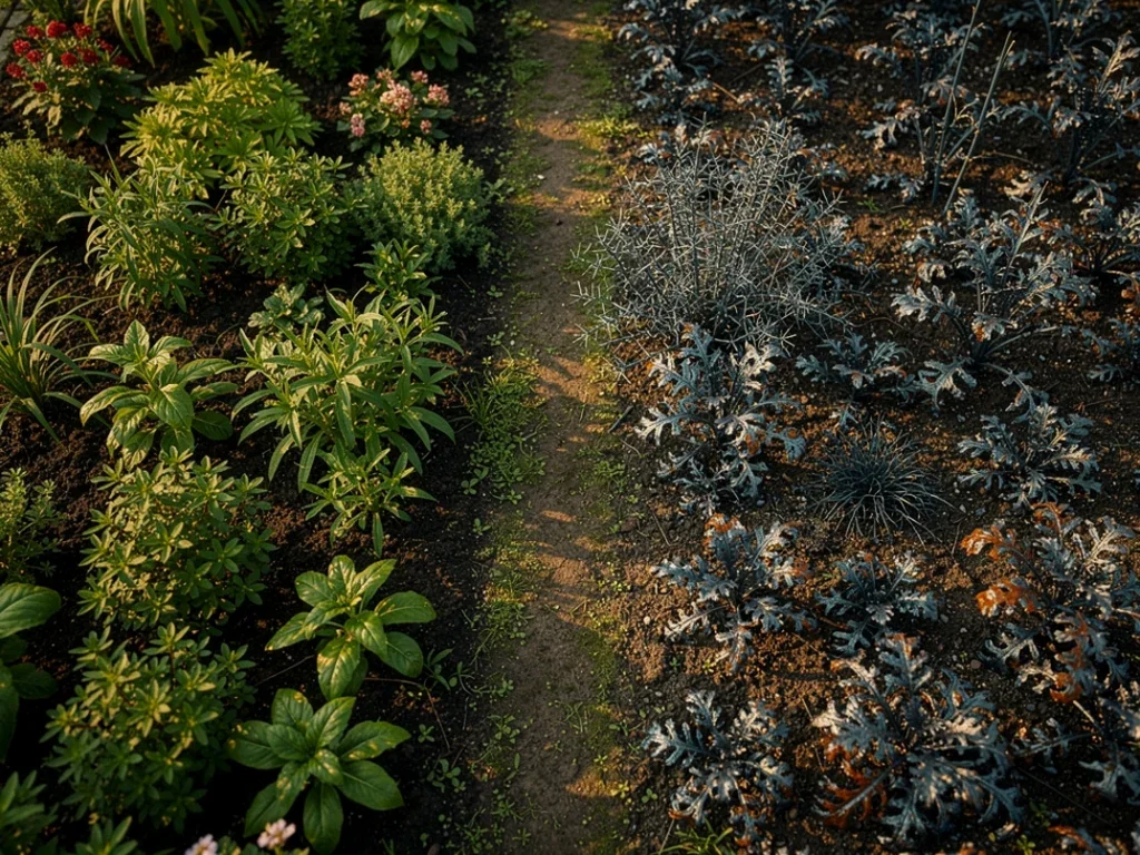 Vue aérienne d'un jardin luxuriant montrant des plantes saines et celles atteintes de toxicité au cuivre