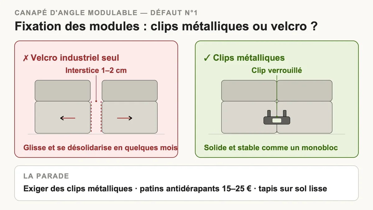 Schéma comparatif des systèmes de fixation à clips métalliques et velcro pour canapés modulables