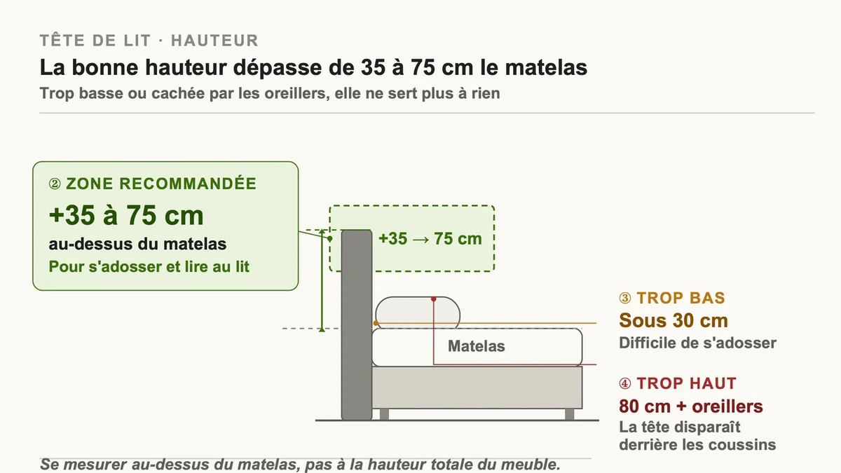Tête de lit surélevée de 75 cm au-dessus d'un matelas avec oreillers en arrière-plan
